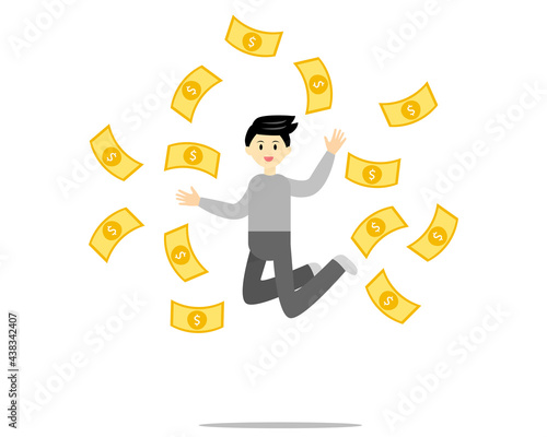 Young man jumping happily with a lot of money falling around him. Billionare,rich man,financial freedom concept
