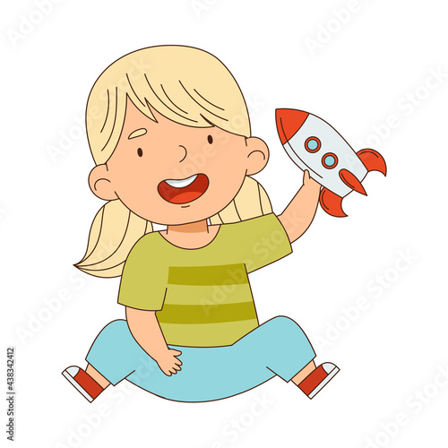 Cute Blond Girl Playing with Rocket Toy Having Fun On Her Own Enjoying Childhood Vector Illustration