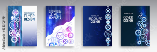 Contemporary science and digital technology concept. Vector template for brochure or cover with gears, mechanical elements background. Blue layout futuristic brochures, flyers, placards.