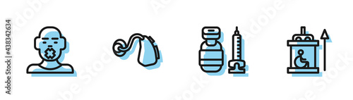 Set line Syringe, Head of deaf and dumb, Hearing aid and Elevator for disabled icon. Vector