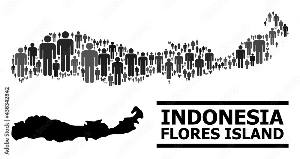 Map of Indonesia - Flores Island for national applications. Vector demographics mosaic. Concept map of Indonesia - Flores Island composed of guy pictograms.