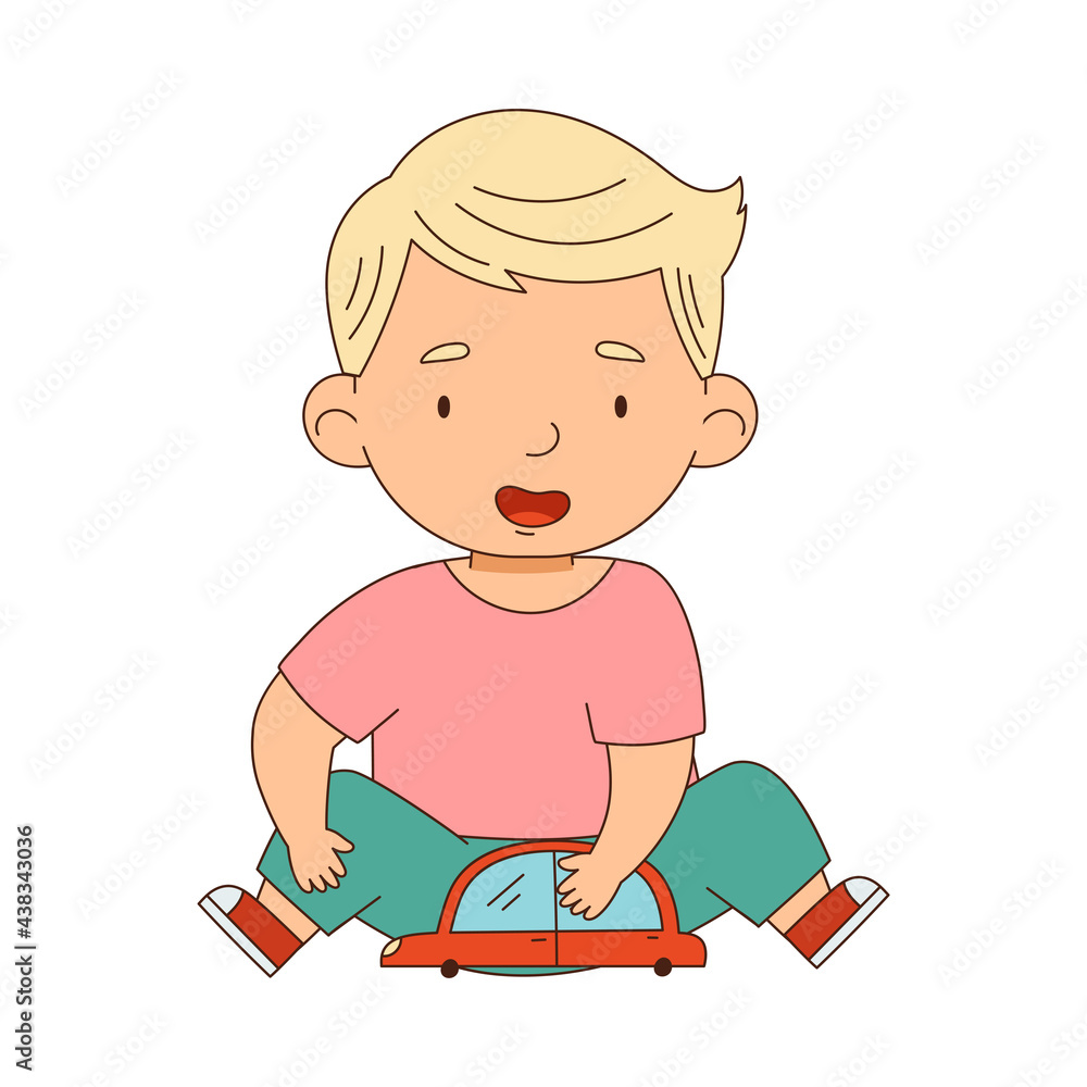 Little Blond Boy Playing with Toy Car Having Fun On His Own Enjoying Childhood Vector Illustration Little Blond Boy Playing with Toy Car Having Fun On His Own Enjoying Childhood Vector Illustration