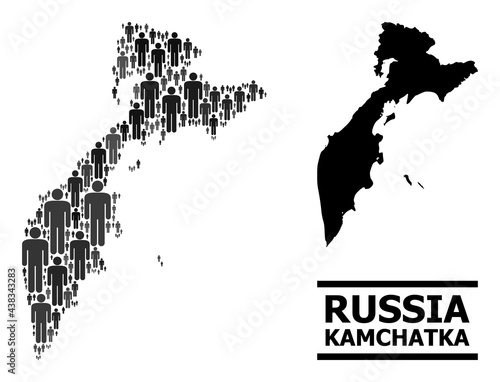 Map of Kamchatka Peninsula for politics promotion. Vector demographics abstraction. Concept map of Kamchatka Peninsula designed of population elements. Demographic concept in dark gray color tints.