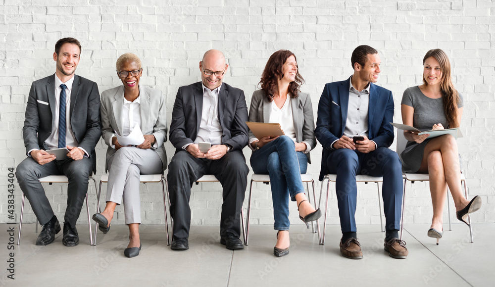 Group of diverse people are waiting for a job interview - obrazy, fototapety, plakaty 