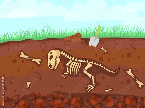 Dinosaur skeleton in cartoon style. The bones of a prehistoric animal underground. Archeology. Vector illustration isolated on white background.