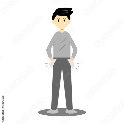 Young man showing his empty pocket. Poor man with no money cartoon vector