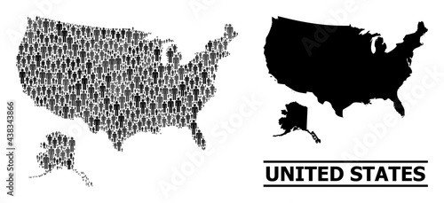 Map of USA and Alaska for social posters. Vector population collage. Collage map of USA and Alaska constructed of social elements. Demographic scheme in dark grey color tinges.