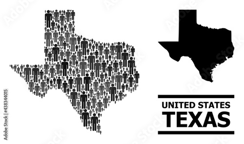 Map of Texas State for political propaganda. Vector demographics abstraction. Abstraction map of Texas State composed of man icons. Demographic scheme in dark grey color tinges.