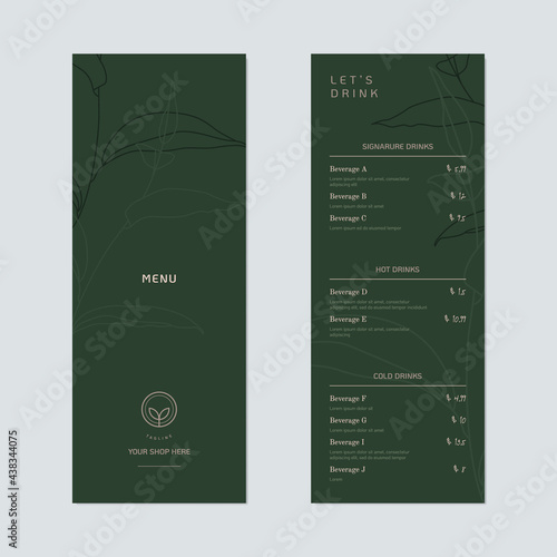 Beverage menu template design, green tea leaves line art ink drawing on dark green