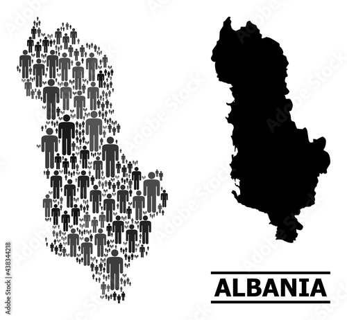 Map of Albania for politics purposes. Vector demographics mosaic. Mosaic map of Albania combined of human icons. Demographic scheme in dark grey color hues.