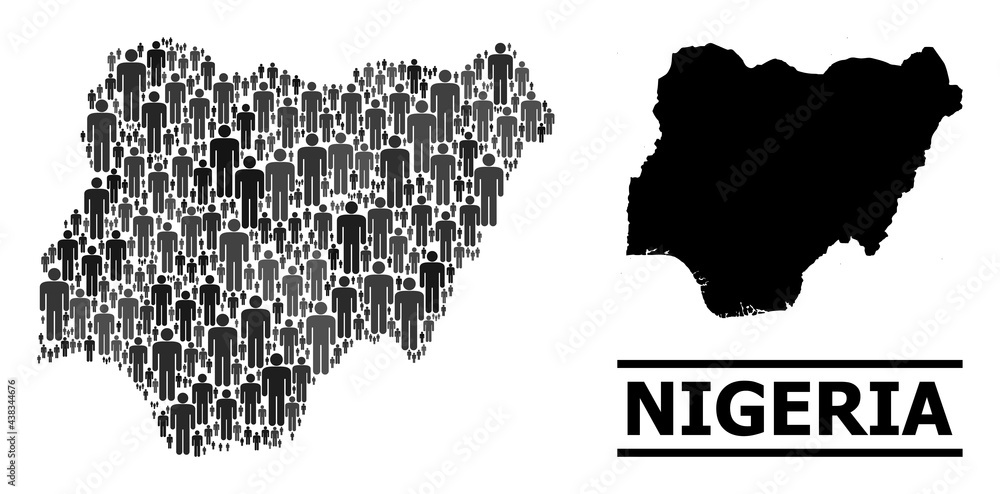 Map of Nigeria for demographics posters. Vector nation abstraction. Concept map of Nigeria designed of crowd icons. Demographic concept in dark grey color tinges.