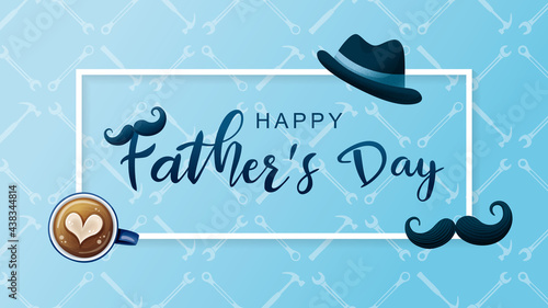 Happy Father's Day poster and banner template with cute illustration on light blue background. Vector illustration for greeting card, shop, invitation, discount, sale, flyer, decoration.