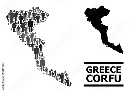 Map of Corfu Island for demographics applications. Vector demographics mosaic. Collage map of Corfu Island composed of people icons. Demographic scheme in dark grey color tones.