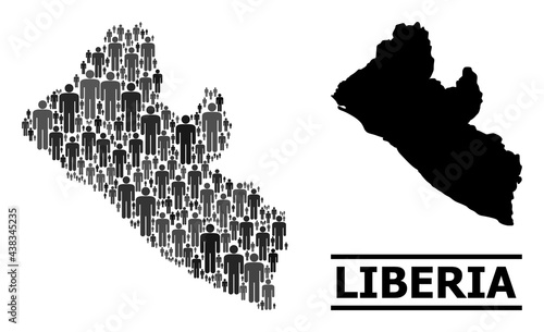 Map of Liberia for social applications. Vector nation mosaic. Mosaic map of Liberia composed of person items. Demographic concept in dark gray color tints.