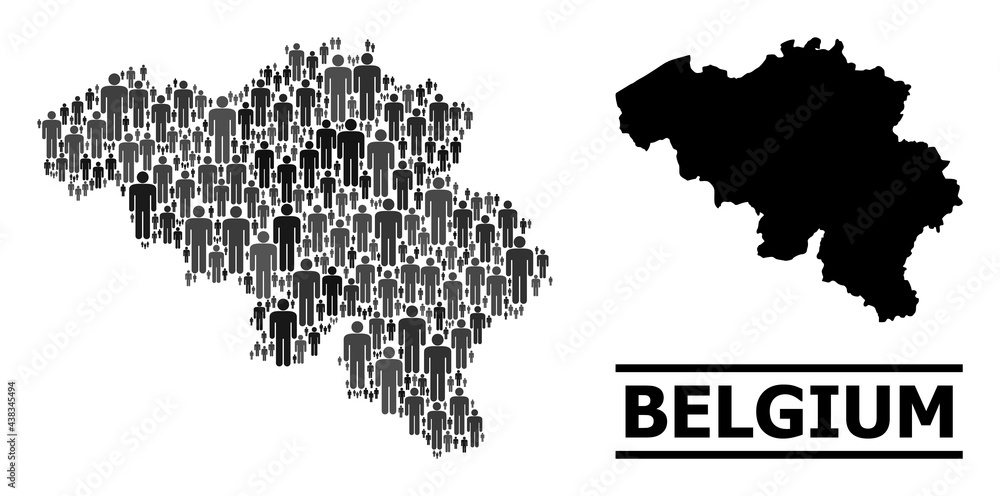 Map of Belgium for demographics proclamations. Vector demographics collage. Concept map of Belgium composed of human items. Demographic concept in dark grey color shades.