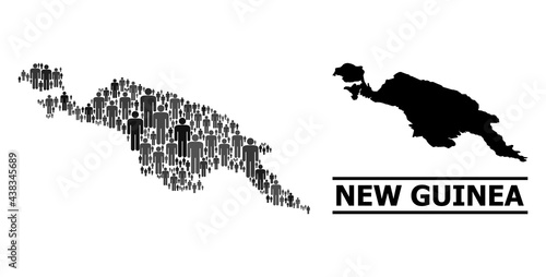 Map of New Guinea Island for demographics promotion. Vector demographics mosaic. Mosaic map of New Guinea Island made of population elements. Demographic scheme in dark gray color tints.