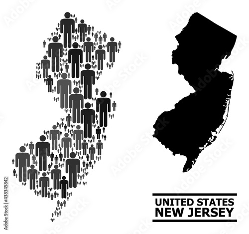 Map of New Jersey State for political applications. Vector demographics mosaic. Mosaic map of New Jersey State constructed of man pictograms. Demographic concept in dark grey color variations.
