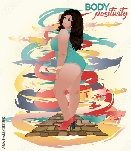 Body positivity sexy plus size  woman in bikini, vector illustration
