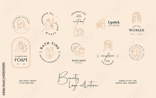 Hand drawn line art beauty vector logo design template collection. Illustration of elegant signs and badges for beauty, natural cosmetics, spa and wellness, fashion, wedding.