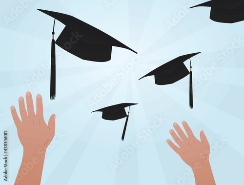 Hand throws graduation cap. vector