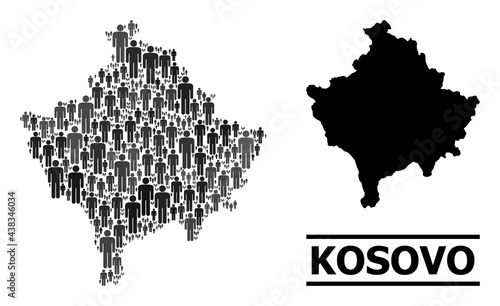 Map of Kosovo for demographics agitation. Vector demographics mosaic. Abstraction map of Kosovo designed of men items. Demographic scheme in dark grey color tones.