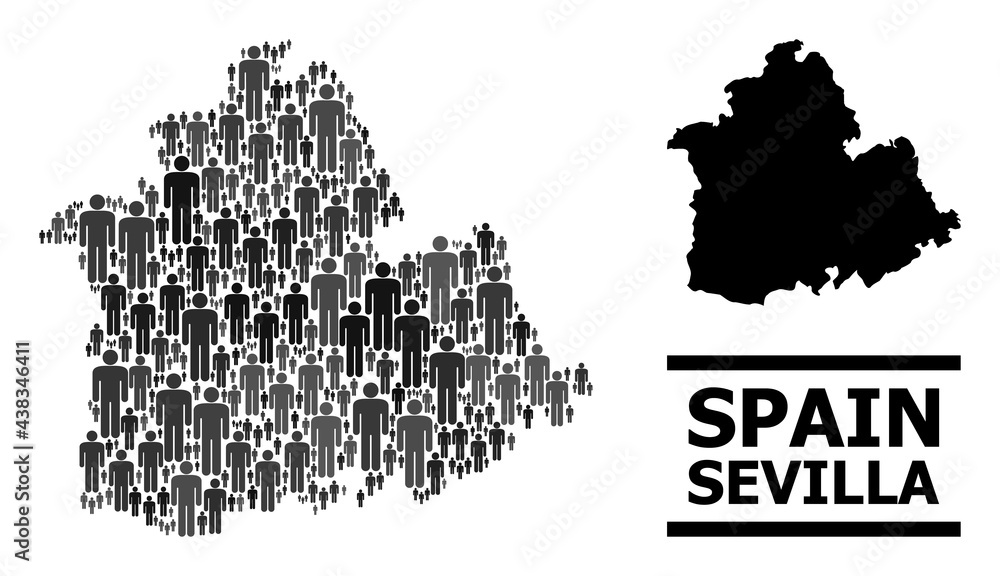 Fototapeta premium Map of Sevilla Province for demographics propaganda. Vector demographics mosaic. Abstraction map of Sevilla Province created of human elements. Demographic concept in dark grey color tinges.