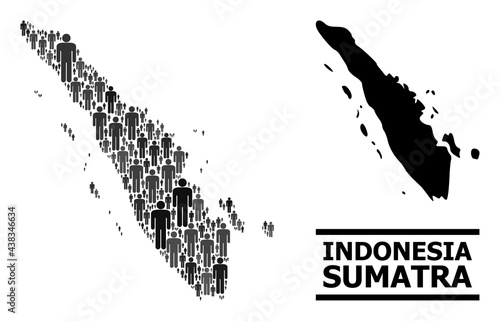 Map of Sumatra Island for demographics doctrines. Vector demographics mosaic. Concept map of Sumatra Island combined of person pictograms. Demographic scheme in dark grey color tinges.