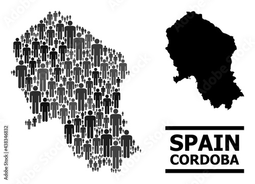 Map of Cordoba Spanish Province for social projects. Vector demographics mosaic. Mosaic map of Cordoba Spanish Province constructed of man pictograms. Demographic concept in dark grey color tones.