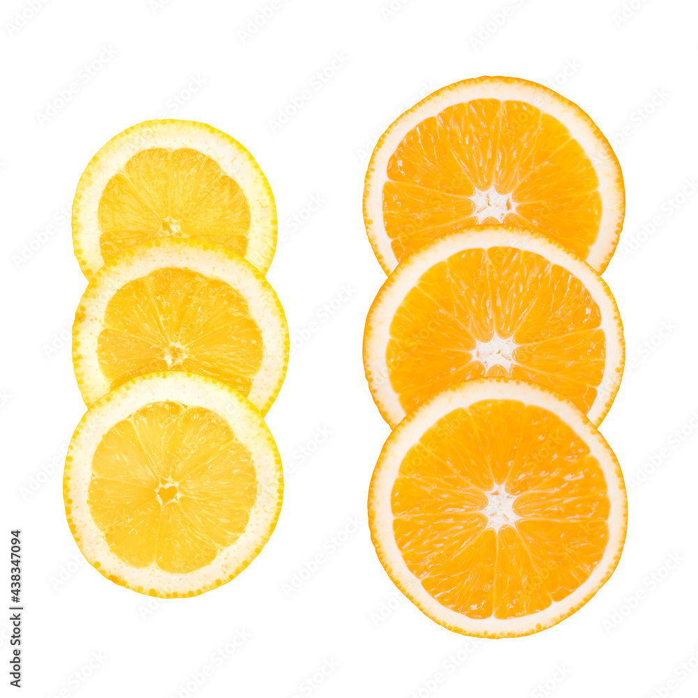 Fototapeta premium Three slices of lemons and oranges, isolated on white background