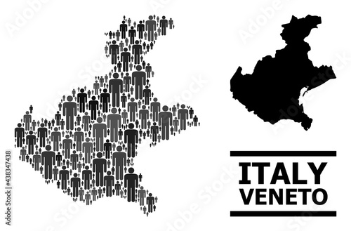 Map of Veneto region for national purposes. Vector nation collage. Concept map of Veneto region composed of man items. Demographic concept in dark grey color variations.