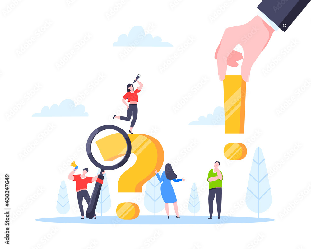 Q and A or FAQ concept with tiny people characters, big question and exclamation mark, frequently asked questions template. Answers business support concept flat style design vector illustration.