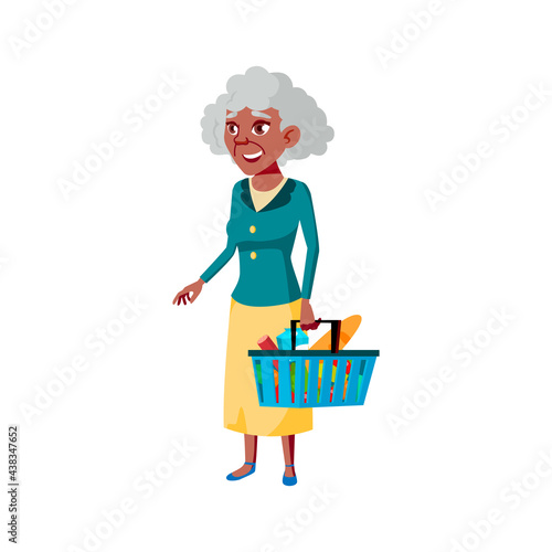mature age woman holding basket with food products in supermarket cartoon vector. mature age woman holding basket with food products in supermarket character. isolated flat cartoon illustration