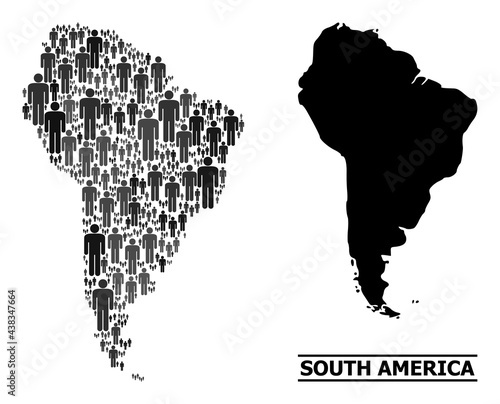 Map of South America for political promotion. Vector population abstraction. Abstraction map of South America constructed of guy items. Demographic scheme in dark gray color shades.
