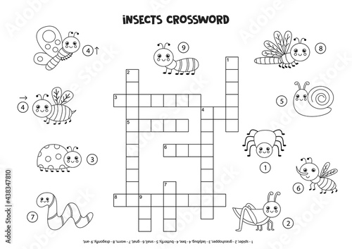 Black and white space crossword for kids with cute smiling insects.
