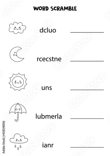Puzzle for kids. Word scramble for children. Black and white weather elements.