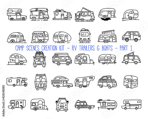 Set of linear icons of camper trailers