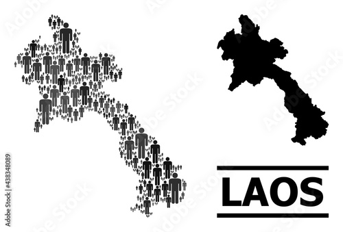 Map of Laos for demographics applications. Vector demographics mosaic. Concept map of Laos created of social elements. Demographic concept in dark gray color shades.