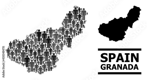 Map of Granada Province for demographics projects. Vector demographics collage. Concept map of Granada Province created of human pictograms. Demographic scheme in dark grey color shades.