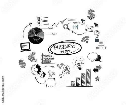 Business plan. Chart with keywords and icons. Handwritten business planning