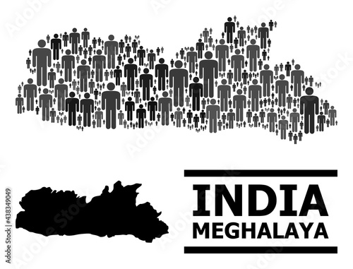 Map of Meghalaya State for demographics promotion. Vector demographics mosaic. Mosaic map of Meghalaya State combined of people items. Demographic scheme in dark grey color tinges.