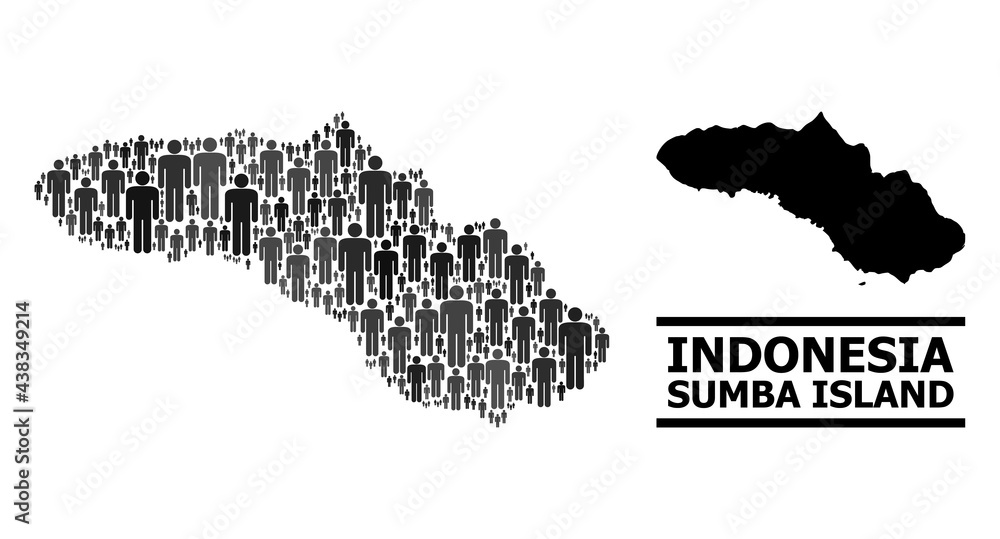 Map of Sumba Island for national agitprop. Vector demographics collage. Concept map of Sumba Island designed of man items. Demographic concept in dark gray color shades.