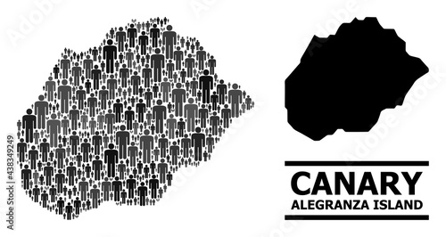 Map of Alegranza Island for social purposes. Vector nation mosaic. Mosaic map of Alegranza Island organized of guy pictograms. Demographic concept in dark grey color hues.