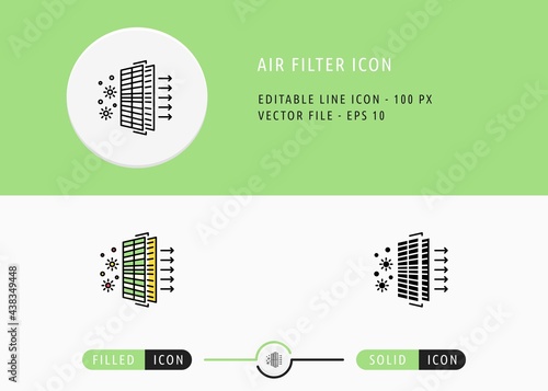 Air filter icons set editable stroke vector illustration. Wind purify system symbol. Icon line style on isolated background for ui mobile app, web design, and presentation.
