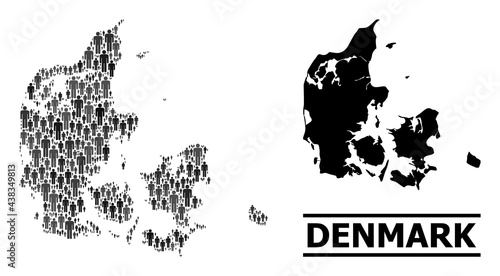 Map of Denmark for social doctrines. Vector nation abstraction. Abstraction map of Denmark composed of guy items. Demographic scheme in dark gray color shades.