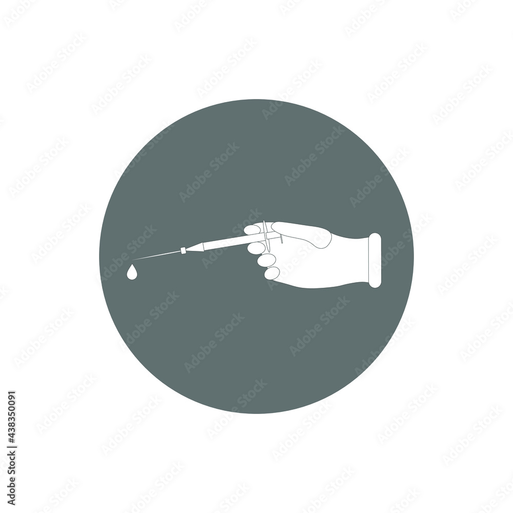 Injection linear icon. Hand holding a syringe. Doctor's hand. Vaccination. Care. Outline symbol. Vector drawing. Injection linear icon. Hand holding a syringe. Doctor's hand. Vaccination. Care. Outline symbol. Vector drawing.