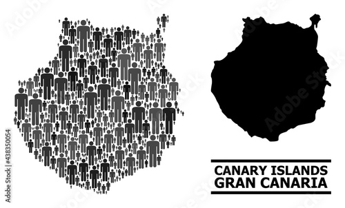 Map of Gran Canaria for social posters. Vector nation collage. Collage map of Gran Canaria composed of crowd items. Demographic concept in dark gray color tints.