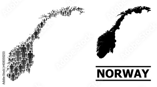 Map of Norway for political posters. Vector demographics mosaic. Mosaic map of Norway constructed of social items. Demographic scheme in dark grey color hues.