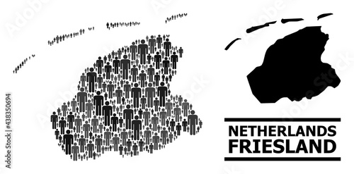 Map of Friesland Province for demographics projects. Vector demographics mosaic. Pattern map of Friesland Province composed of crowd items. Demographic scheme in dark gray color tints.
