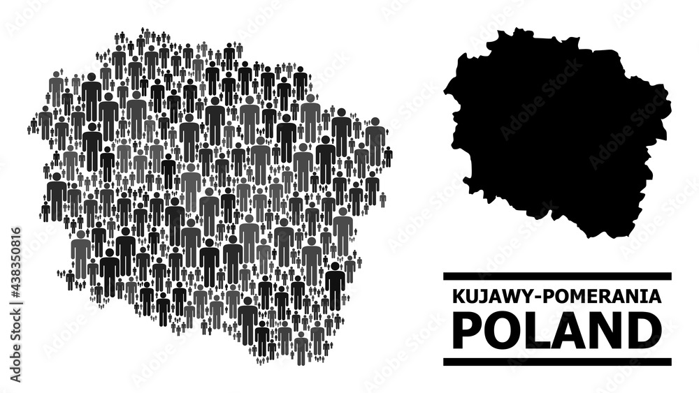 Map of Kujawy-Pomerania Province for national projects. Vector nation abstraction. Concept map of Kujawy-Pomerania Province combined of human pictograms. Demographic concept in dark gray color hues.