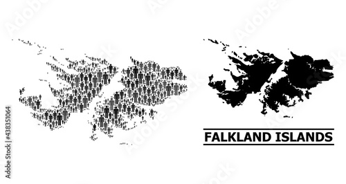 Map of Falkland Islands for national propaganda. Vector nation mosaic. Concept map of Falkland Islands created of people items. Demographic concept in dark gray color shades.